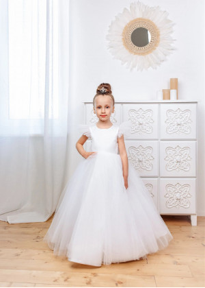 White Satin Tulle Flower Girl Dress With Removable Lace Train